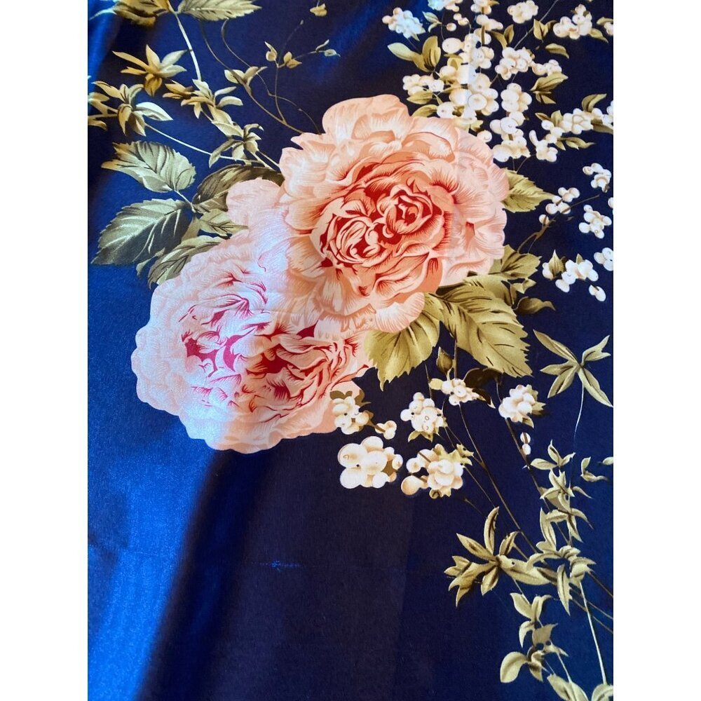 Navy Blue Silk Pink Peony Floral Silk Scarf - Picture 3 of 6